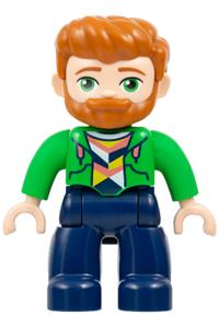 Duplo Male - Duplo Figure Lego Ville, Male, Dark Blue Legs, Bright Green Hoodie over Coral, White and Yellow Shirt, Dark Orange Hair and Beard (6534760 \/ 6566997) - 47394pb365