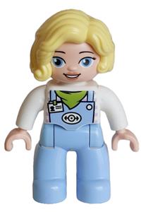 Duplo Female Train Driver - Duplo Figure Lego Ville, Female Train Driver, Bright Light Blue Legs with Overalls with Name Tag, Train Logo, Lime Scarf Pattern, Bright Light Yellow Hair (6488901 \/ 6569837) - 47394pb366