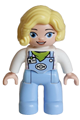 Duplo Figure Lego Ville, Female Train Driver, Bright Light Blue Legs with Overalls with Name Tag, Train Logo, Lime Scarf Pattern, Bright Light Yellow Hair (6488901 \/ 6569837) - 47394pb366