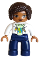 Female Duplo figure with dark blue legs, white jacket over yellowish green shirt with blue and lime planet, yellow star and moon pattern, and dark brown hair - 47394pb367