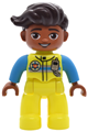 Male Duplo figure with dark brown hair, neon yellow legs, wearing a uniform vest with silver and dark azure stripes, radio, and EMT Star of Life pattern - 47394pb369