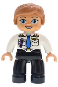 Duplo Female Pilot - Female Duplo figure with medium nougat hair, medium lavender glasses, wearing a white pilot uniform with blue tie, gold wings badge, and black legs - 47394pb374