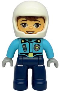 Duplo Female Police - Female police Duplo Ville figure with white helmet, medium azure top with badge and zipper, and dark blue legs - 47394pb375
