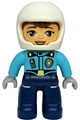 Female police Duplo Ville figure with white helmet, medium azure top with badge and zipper, and dark blue legs - 47394pb375
