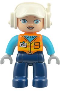 Duplo Female Construction Worker - Duplo Ville female construction worker with dark blue legs, orange vest with name tag, medium azure shirt, light bluish gray hands and white helmet - 47394pb376