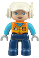 Duplo Ville female construction worker with dark blue legs, orange vest with name tag, medium azure shirt, light bluish gray hands and white helmet - 47394pb376