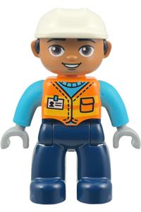 Duplo Male Construction Worker - Male construction worker with dark blue legs, orange vest with name tag, medium azure shirt, light bluish gray hands and white helmet - 47394pb377