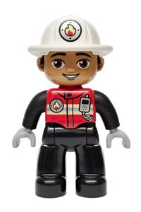 Duplo Male Firefighter - Male firefighter, medium nougat face, white helmet with fire badge, red vest with silver fire badge and radio, black legs - 47394pb378