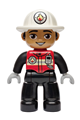 Male firefighter, medium nougat face, white helmet with fire badge, red vest with silver fire badge and radio, black legs - 47394pb378