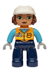 Duplo Female Construction Worker - Female Duplo figure with dark blue legs, medium azure shirt, orange vest with name tag pattern, light bluish gray hands, white construction helmet - 47394pb379