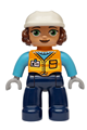 Female Duplo figure with dark blue legs, medium azure shirt, orange vest with name tag pattern, light bluish gray hands, white construction helmet - 47394pb379