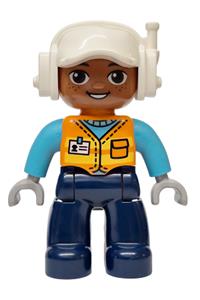 Duplo Male Construction Worker - Male Duplo Lego Ville with dark blue legs, medium azure arms, orange vest with name tag pattern and white cap with headset - 47394pb380