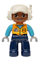 Male Duplo Lego Ville with dark blue legs, medium azure arms, orange vest with name tag pattern and white cap with headset - 47394pb380