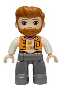 Duplo Male - Male Duplo Ville figure with dark bluish gray legs, an orange vest over white shirt with bricks pattern, and dark orange hair and beard - 47394pb381