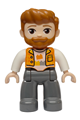 Male Duplo Ville figure with dark bluish gray legs, an orange vest over white shirt with bricks pattern, and dark orange hair and beard - 47394pb381