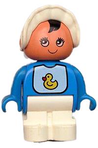 Duplo Figure, Child Type 1 Baby, White Legs, Bib with Duck Pattern, White Bonnet 4943pb001