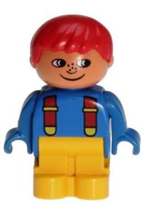 Duplo Figure, Child Type 1 Boy, Yellow Legs, Blue Top with Red Suspenders, Red Hair, Freckles 4943pb003