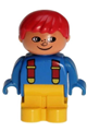 Duplo Figure, Child Type 1 Boy, Yellow Legs, Blue Top with Red Suspenders, Red Hair, Freckles - 4943pb003