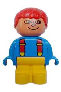 Duplo Figure, Child Type 1 Boy, Yellow Legs, Blue Top with Red Suspenders, Red Hair, Freckles, no White in Eyes Pattern 4943pb003a