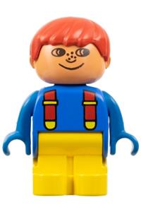 Duplo Child Boy - Boy Duplo figure with yellow legs, wearing a blue top with red suspenders, red hair, freckles, and no white in eyes pattern - 4943pb003a