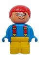Duplo Figure, Child Type 1 Boy, Yellow Legs, Blue Top with Red Suspenders, Red Hair, Freckles, no White in Eyes Pattern - 4943pb003a