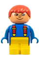 Boy Duplo figure with yellow legs, wearing a blue top with red suspenders, red hair, freckles, and no white in eyes pattern - 4943pb003a