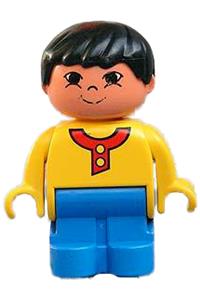 Duplo Figure, Child Type 1 Boy, Blue Legs, Yellow Top with 2 Buttons, Black Hair, Asian Eyes 4943pb004