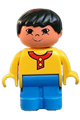 A Duplo figure, Child Type 1 Boy with yellow top, blue legs, black hair, and Asian eyes - 4943pb004
