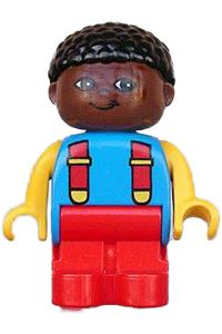 Duplo Figure, Child Type 1 Boy, Red Legs, Blue Torso with 2 Straps, Yellow Arms, Brown Head with Black Curly Hair 4943pb005