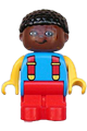 Child Type 1 boy Duplo figure with red legs, blue torso with 2 straps, yellow arms, brown head, and black curly hair - 4943pb005