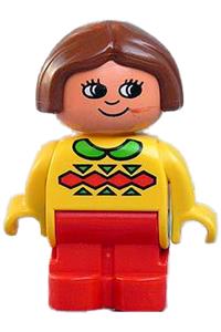 Duplo Figure, Child Type 1 Girl, Red Legs, Yellow Top with Green Collar, Brown Hair 4943pb006
