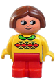 Duplo Figure, Child Type 1 Girl, Red Legs, Yellow Top with Green Collar, Brown Hair - 4943pb006