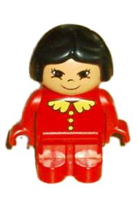 Duplo Figure, Child Type 1 Girl, Red Legs, Red Top with Lace Collar & Buttons, Black Hair, Asian Eyes 4943pb007