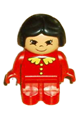 Duplo Figure, Child Type 1 Girl, Red Legs, Red Top with Lace Collar & Buttons, Black Hair, Asian Eyes - 4943pb007