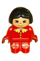 Child Duplo Asian girl with black hair, Asian eyes, wearing red legs, a top with lace collar and buttons - 4943pb007