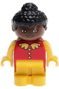Duplo Child Girl - Duplo Figure, girl with yellow legs, red top with lace collar and buttons, yellow arms, black hair, brown head - 4943pb008