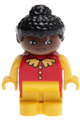 Duplo Figure, girl with yellow legs, red top with lace collar and buttons, yellow arms, black hair, brown head - 4943pb008