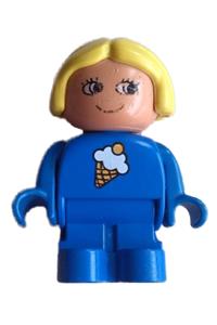 Duplo Figure, Child Type 1 Girl, Blue Legs, Blue Top with Ice Cream Pattern, Yellow Hair 4943pb009