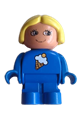Duplo child type 1 girl with yellow hair, wearing blue legs and a top with ice cream pattern - 4943pb009