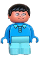 Duplo Figure, Child Type 1 Boy, Light Blue Legs, Blue Top With Collar And 2 Buttons, Black Hair - 4943pb010