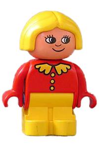 Duplo Figure, Child Type 1 Girl, Yellow Legs, Red Top with Collar And 3 Buttons, Yellow Hair, White in Eyes Pattern 4943pb011