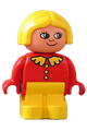 Duplo Figure, Child Type 1 Girl, Yellow Legs, Red Top with Collar And 3 Buttons, Yellow Hair, White in Eyes Pattern - 4943pb011