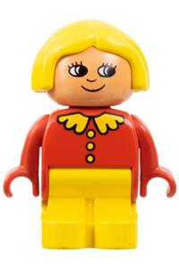 Duplo Child Girl - Duplo child type 1 girl with yellow legs, red top with collar and 3 buttons, yellow hair, and no white in eyes pattern - 4943pb011a