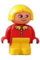 Duplo Figure, Child Type 1 Girl, Yellow Legs, Red Top with Collar And 3 Buttons, Yellow Hair, no White in Eyes Pattern - 4943pb011a