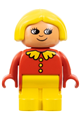 Duplo child type 1 girl with yellow legs, red top with collar and 3 buttons, yellow hair, and no white in eyes pattern - 4943pb011a