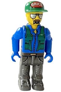 Construction Worker - Construction Worker (Junior-Figure) with blue shirt, green vest and cap with the word 'Brick', sunglasses and moustache - 4j003a