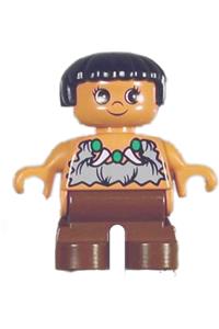 Duplo Figure, Child Type 2 Girl, Brown Legs, Tooth Necklace Pattern, Black Hair 6453pb002