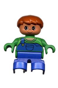 Duplo Figure, Child Type 2 Boy, Blue Legs, Green Top with Blue Overalls with one Strap 6453pb003
