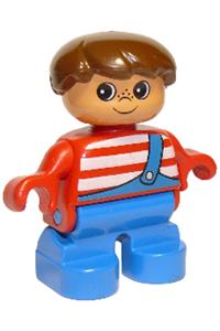 Duplo Child Boy - A Duplo child Type 2 boy with blue legs, wearing a red top with white stripes and blue overalls with one strap - 6453pb004