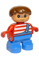 Duplo Figure, Child Type 2 Boy, Blue Legs, Red Top with White Stripes and Blue Overalls with One Strap - 6453pb004